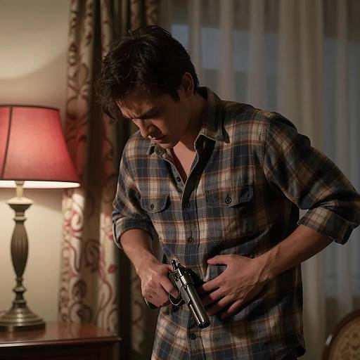 Intense Man with Gun in Dim Room