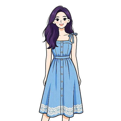 Digital illustration of a smiling woman with long purple hair, wearing a blue, sleeveless, buttoned dress with white lace trim, standing against a plain