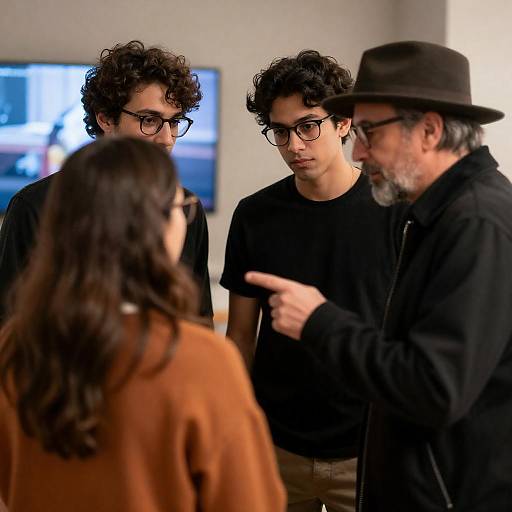 Indoor Group Discussion with Older Man Pointing