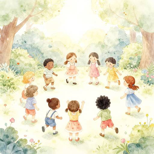 Whimsical watercolor illustration of diverse children playing in a bright, sunlit meadow surrounded by blooming flowers and tall trees.