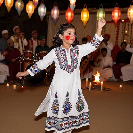 Photograph of a young girl with dark hair, wearing a white embroidered dress, dancing in a festive, candlelit room with colorful lanterns and seated