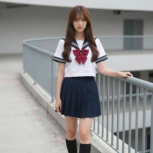 Asian Woman in Sailor School Uniform on Walkway