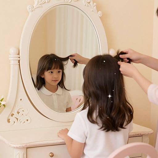 Young Asian girl with black hair, wearing white shirt, stands before ornate white mirror, as hands comb her hair. Bright, softly lit room.