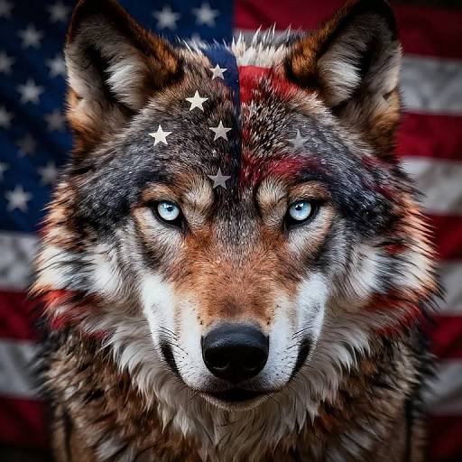Photorealistic digital artwork of a fierce wolf with bright blue eyes, star-adorned forehead, and American flag background, blending patriotism and wildlife.