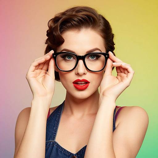 Photograph of a fair-skinned woman with red lipstick, dark brown wavy hair, wearing black-rimmed glasses and denim overalls, against