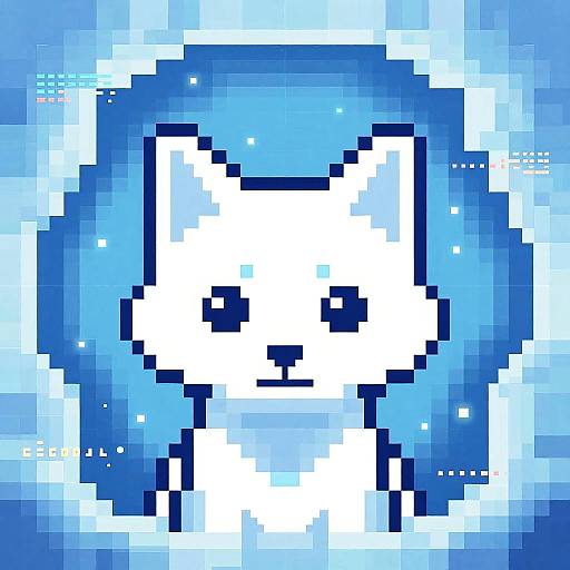 Pixel art of a white, pixelated cat with blue eyes and a small black nose, set against a bright blue, sparkling background.