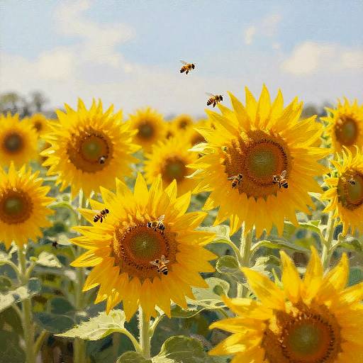 Photograph of vibrant sunflowers with bright yellow petals and brown centers, surrounded by buzzing bees, under a clear blue sky.