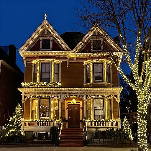 Photograph of a Victorian-style house at night, adorned with yellow string lights, glowing windows, and Christmas trees, set against a deep blue sky.