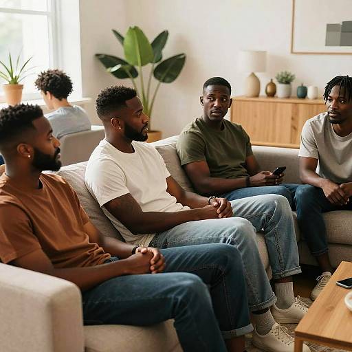 Photograph of five Black men sitting on a gray couch in a bright living room, wearing casual clothes, engaged in conversation. Potted plants and wooden