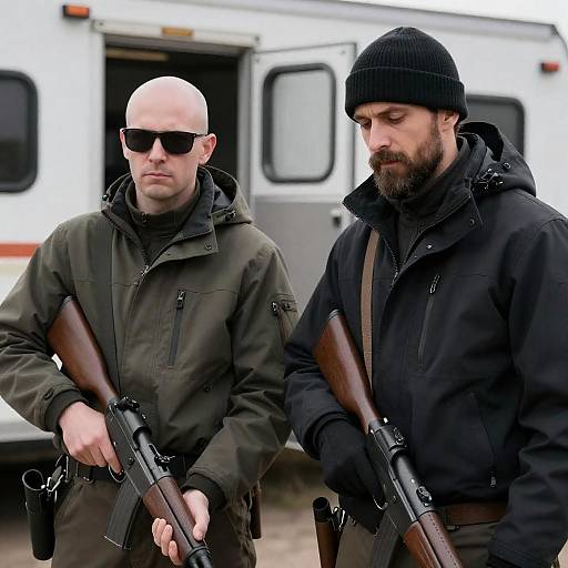 Two Men Holding Rifles Outdoors in Winter Clothing