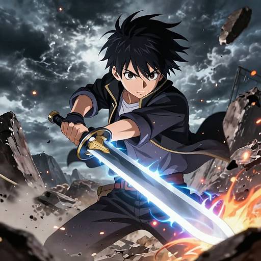 Anime-style digital drawing of a determined young man with spiky black hair, wielding a glowing, blue and orange sword amidst a stormy, rocky landscape