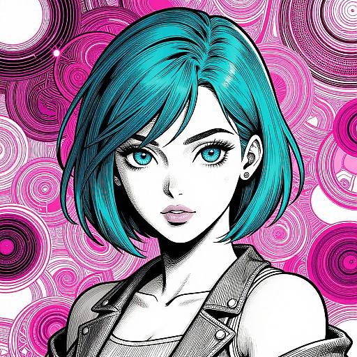 Digital drawing of a blue-haired woman with striking blue eyes, wearing a sleeveless top, set against a vibrant pink, circular pattern background. Comic-style