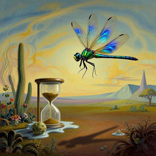 Digital art: Vibrant blue-green dragonfly hovers above a sand hourglass, desert landscape with cacti, flowers, mountains, and sunset