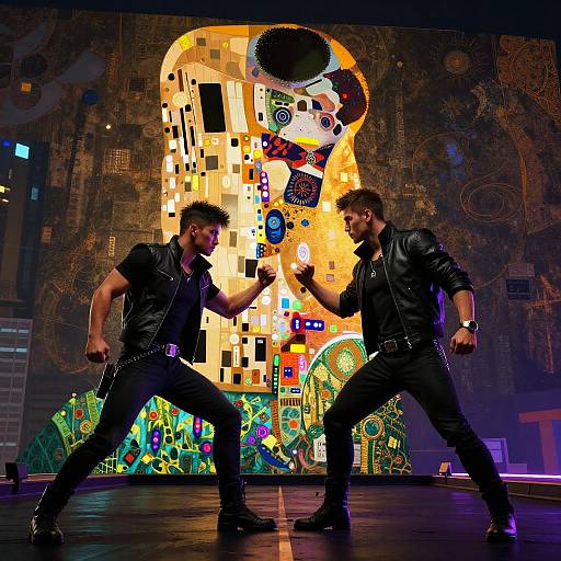 Klimt-Inspired Cyberpunk Neon-Lit Rooftop Showdown