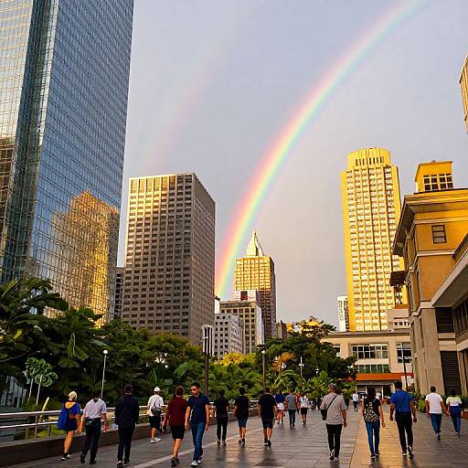 Photograph of a cityscape with tall buildings, people walking on a paved street, and a vibrant rainbow arching over the skyline at sunset.