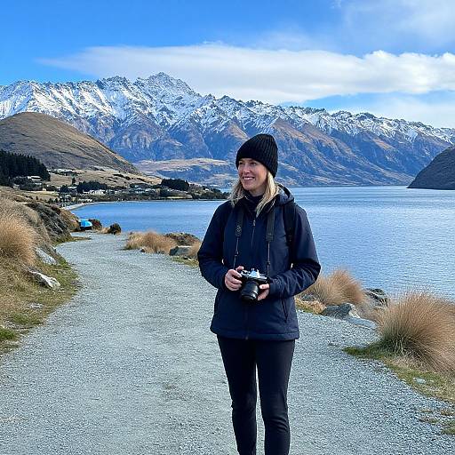 Photograph of a smiling woman in black winter gear, beanie, and holding a camera, standing on a gravel path with snowy mountains and a lake