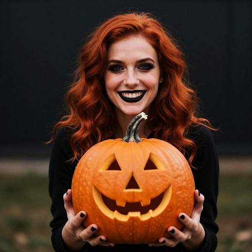 Red-haired Woman Holding Carved Halloween Pumpkin