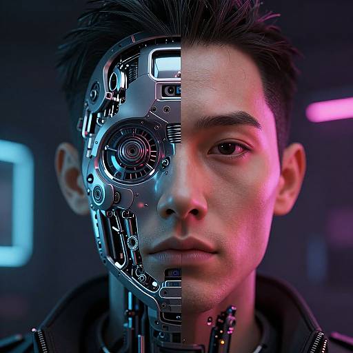 Photorealistic CGI of a young Asian man with a cybernetic right side, half-flesh, half-circuitry, under neon blue and