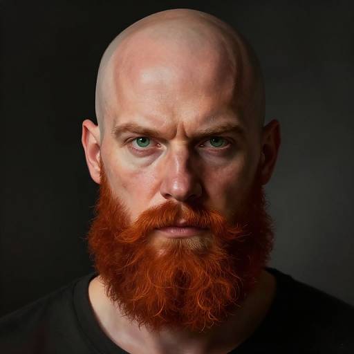 Photograph of a bald, muscular man with a red beard and intense blue eyes, wearing a black shirt, against a dark background.