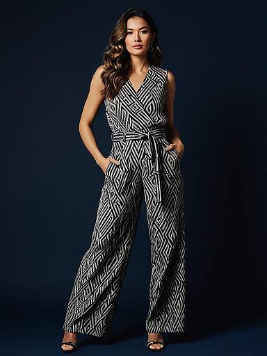 Woman in Sleeveless Geometric Print Jumpsuit