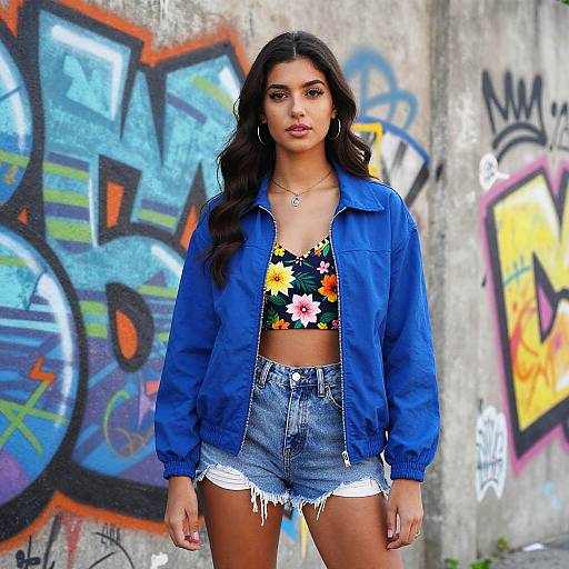 Young Woman in Blue Jacket with Floral Top by Graffiti Wall
