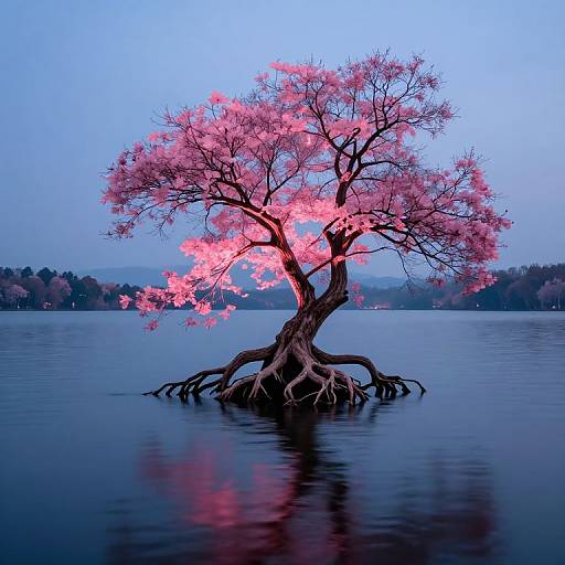 Photograph of a single cherry tree with vibrant pink blossoms, rooted in calm blue water at dusk, reflecting on the surface.