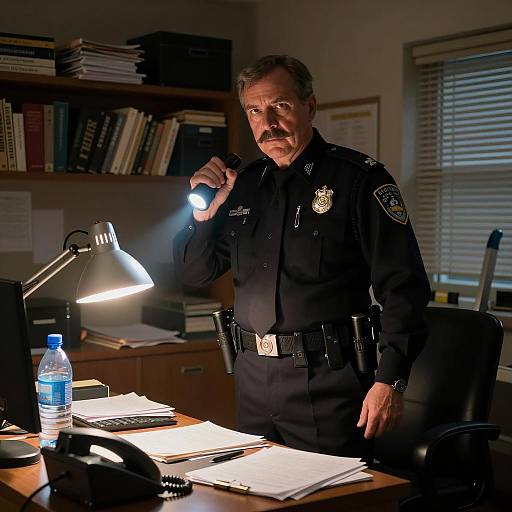 Determined Officer in Cluttered Office