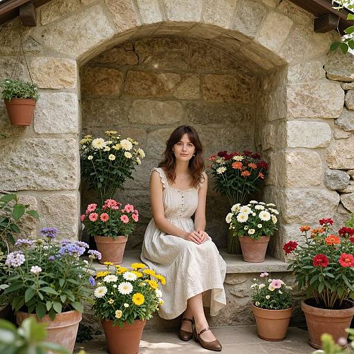 Photograph of a smiling woman with wavy brown hair, wearing a white sleeveless dress, seated among vibrant potted flowers in a stone archway