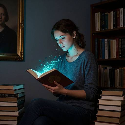 Photograph of a young woman with dark hair, wearing a gray sweater, reading a glowing book emitting blue magical light, surrounded by stacks of books in