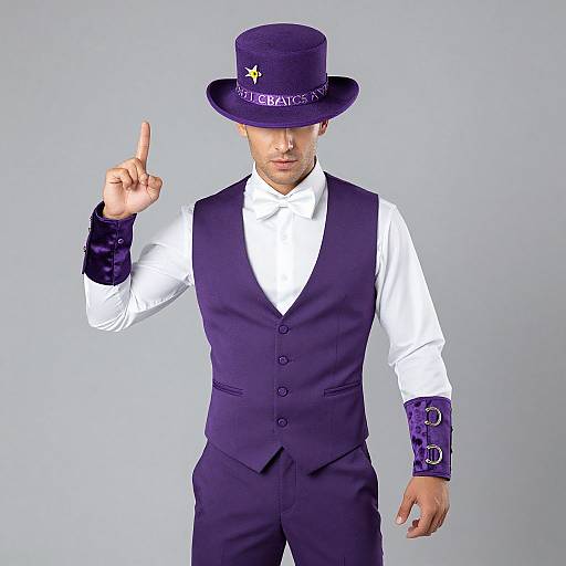 Photograph of a man in a white shirt and purple vest, pointing upwards, wearing a matching purple top hat with 