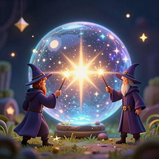 Digital art: Two whimsical, bearded wizards in blue robes and hats conjure a glowing, starry orb with magic wands in a nighttime