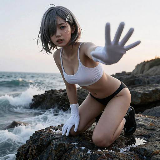 Girl with Grey Hair by Rugged Coastal Cliffs