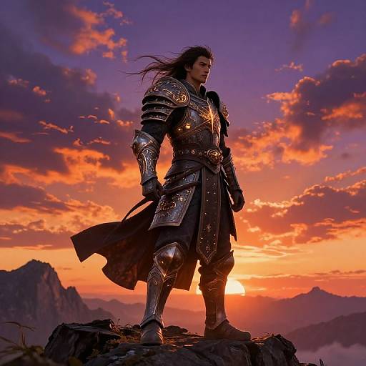 Photorealistic digital art of a muscular, dark-haired man in ornate silver armor standing on a rocky peak at sunset, with vibrant orange and purple