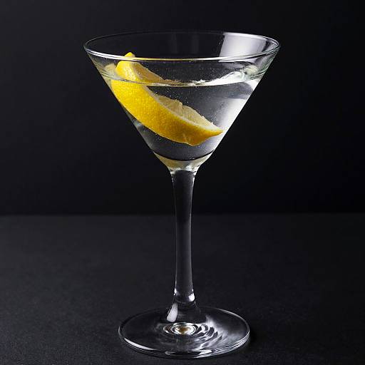 Photograph of a clear martini glass with a single lemon slice floating in vodka, set against a black background.