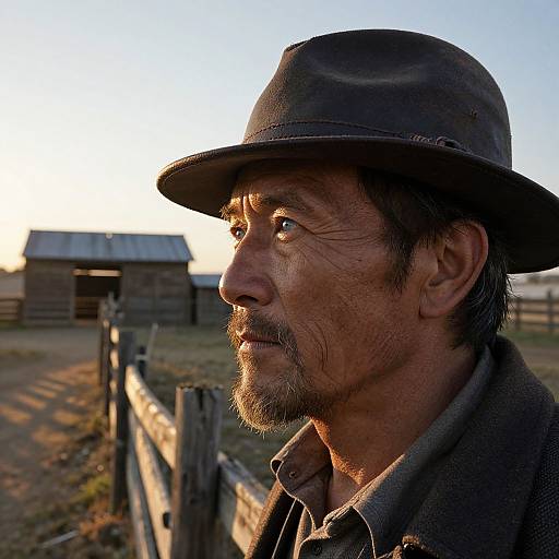 Photograph of a middle-aged, rugged man with tanned skin, gray beard, and mustache, wearing a dark hat and gray shirt, g