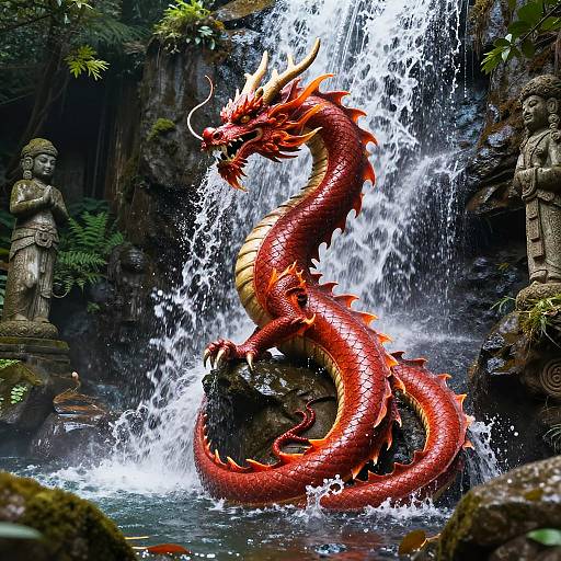 Red Eastern Dragon by Waterfalls