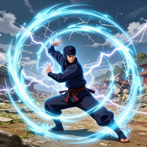 Digital anime-style drawing of a ninja in dark clothing, wielding a glowing blue electric circle, poised for attack, against a cloudy, ruined landscape background.