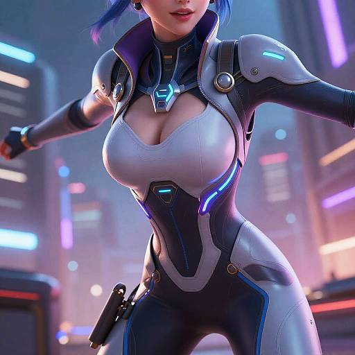 Digital art of a curvy, blue-haired woman in a futuristic, form-fitting black and white bodysuit with glowing blue accents, standing in