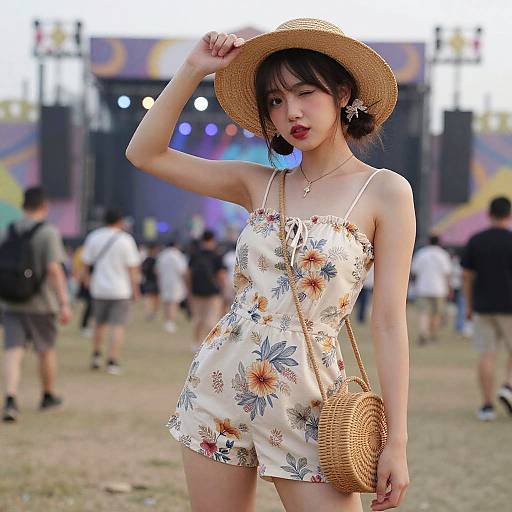 Photograph of an Asian woman in a floral sundress, straw hat, and wicker purse, standing in a crowded outdoor festival.