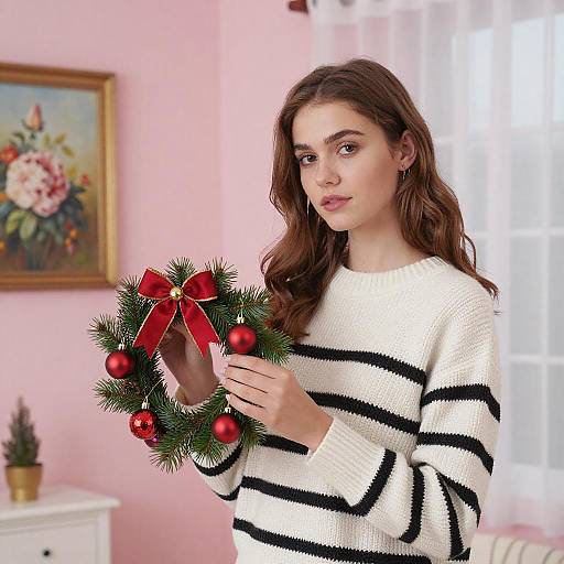 Young Woman Holding Christmas Wreath