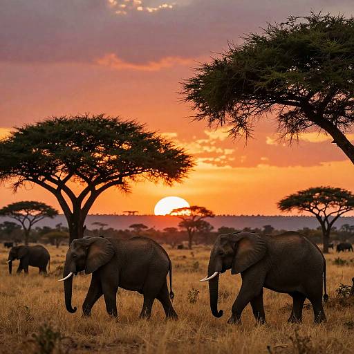 Elephants Walking Across African Savannah at Sunset