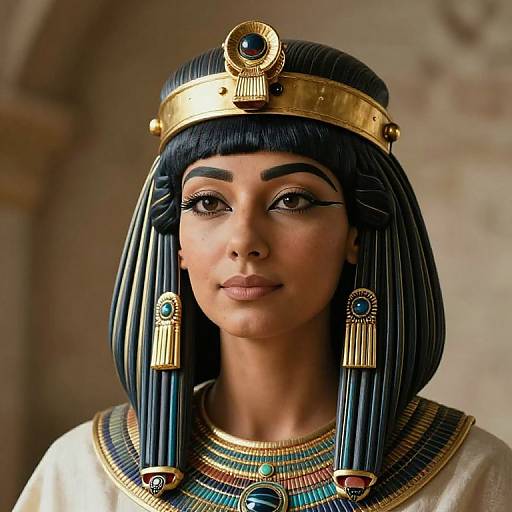 Digital artwork of an Egyptian queen with dark blue bob haircut, gold headpiece, and striped necklace, featuring turquoise and gold accents.