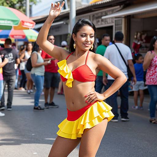 Photograph of a smiling Latina woman in a red bikini top and yellow ruffle skirt, dancing on a busy street with colorful umbrellas and people in