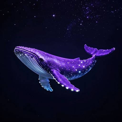 Digital artwork of a glowing, purple and blue whale surrounded by sparkling stars, floating in a dark, star-filled night sky.