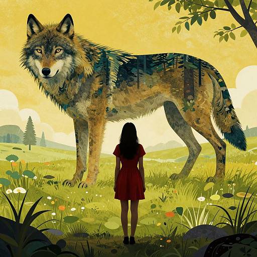 Digital artwork of a young girl in a red dress, facing a large, detailed wolf with forest patterns, standing in a sunlit meadow with flowers