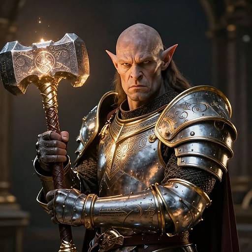 Digital CGI of a bald, fierce-looking orc warrior with pointed ears, wearing ornate, shiny silver armor, holding a glowing, intricate hammer. Dark