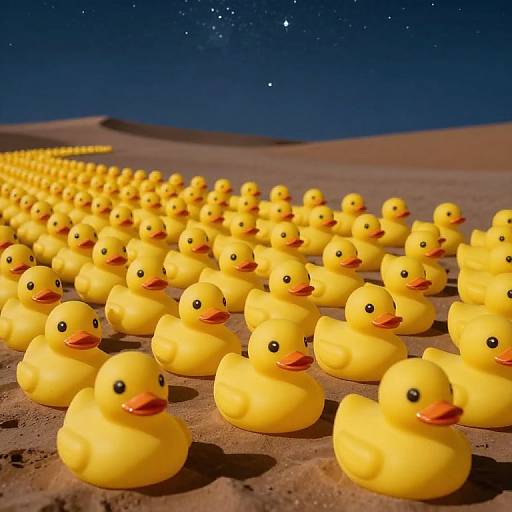 Photograph of numerous bright yellow rubber ducks arranged in rows on a sandy desert under a starry night sky.
