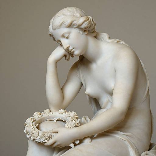 Photograph of a classical white marble statue depicting a contemplative nude woman with braided hair, holding a rose bouquet, gently resting her chin on her