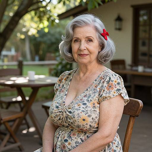 Photograph of an elderly woman with short gray hair, wearing a floral dress, red hair clip, seated outdoors on a wooden chair.