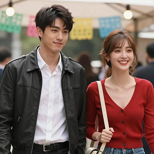Young Couple Walking Outdoors Under Canopy